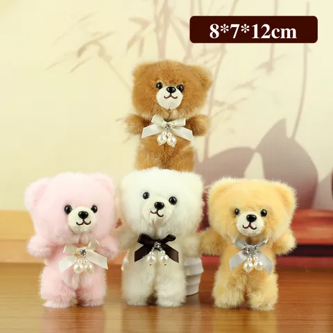 Cute Plush Teddy Bear Pendant Keychain With Bowknot Artificial Pearl Rhinestone Soft Animal Toy For Bags Charms Gift