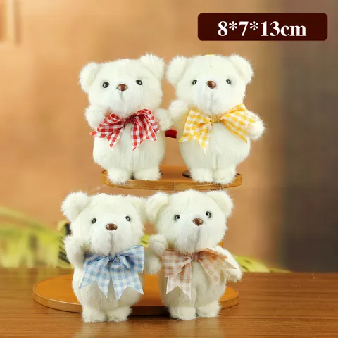 Cute Teddy Bear Plush Toy Keychain With Plaid Silk Scarf Soft White Bear Doll Bag Pendant Accessory For Kids Women Gift