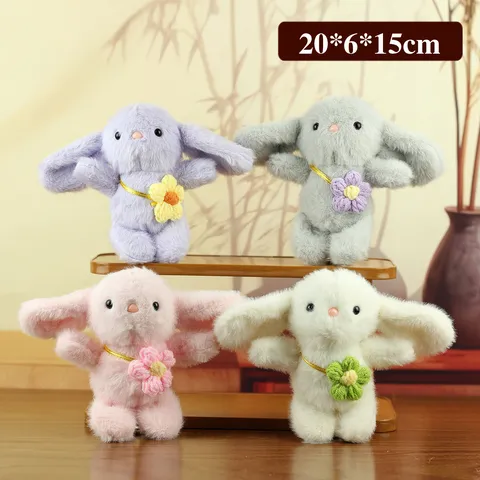 Cute Plush Rabbit Keychain with Knit Flower Decoration Soft Long Ear Bunny Doll for Backpack Bag Pendant Kids Girls Women Gift