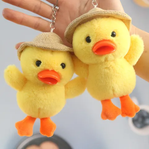 Cute Duck Plush Keychain Pendant With Mini Straw Hat Soft Stuffed Animal Toy Bag Ornament Adorable Duck Doll Creative Gift