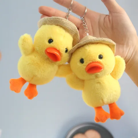 Cute Duck Plush Keychain Pendant With Mini Straw Hat Soft Stuffed Animal Toy Bag Ornament Adorable Duck Doll Creative Gift