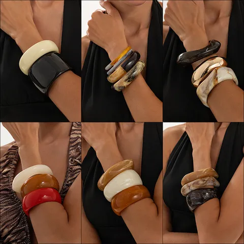 Set de Brazaletes de Resina e Hierro Retro para Mujer Geométrico Irregular Efecto Mármol Puño de Metal Pulido Joyería de Moda Regalo
