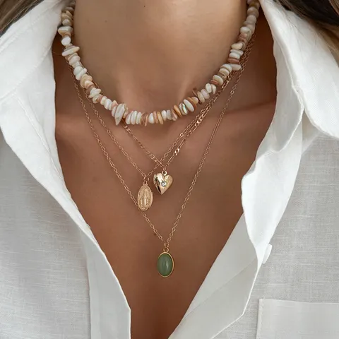 Collier Multirang en Métal Bohème Avec Pendentif Poisson Cœur Perle Artificielle Or Électroplaqué Bijoux Femme