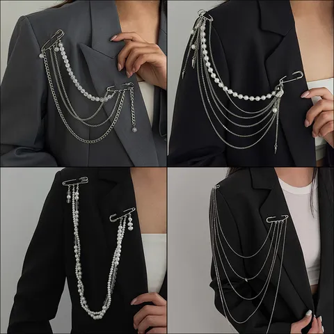 Broche Tassel Chaîne Multicouche Géométrique Mode Élégante Épingle à Vêtements en Perle Artificielle pour Femmes Accessoires de Fête de Banquet