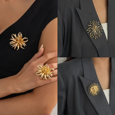 Vintage Baroque Alloy Sun Goddess Brooch Pin Luxury Irregular Flower Opening Ring Electroplated Gold Silver Jewelry Gift For Women