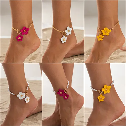 Tobillera de Flor Pintada de Playa Bohemia Cadena de Aleación de Hierro Dije de Perla Artificial Joyería de Vacaciones Mujer