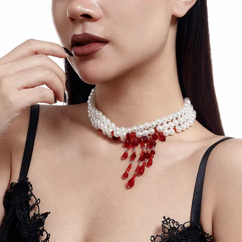 Gothic Artificial Pearl Rhinestone Multi-Layer Necklace Red Blood Drip Tassel Choker Halloween Party Jewelry Accessories For Women