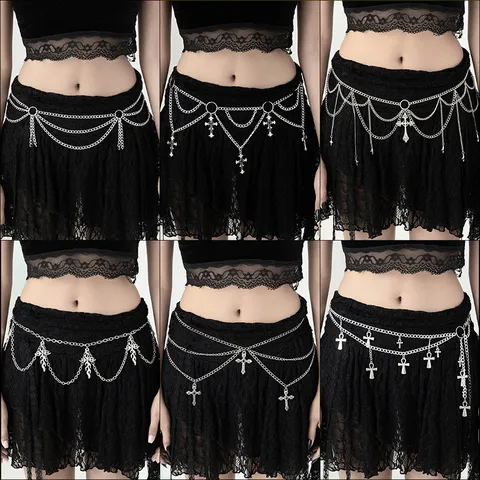 Gothic Multi-Layer Waist Chain For Women Dark Punk Cross Spiderweb Butterfly Pendant Body Chain Accessory For Halloween Party Jewelry