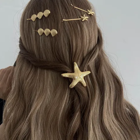 Ocean Style Alloy Starfish Scallop Bobby Pins Gold Silver Electroplated Hair Clips For Women Beach Vacation Fashion Hair Jewelry