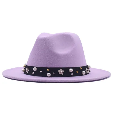 Damen Eleganter Perlen-Wollfilz-Fedora-Hut Mode Breitkrempiger Jazz-Hut Mit Blumenband Künstliche Perle Winter Warmer Sonnenhut Zubehör