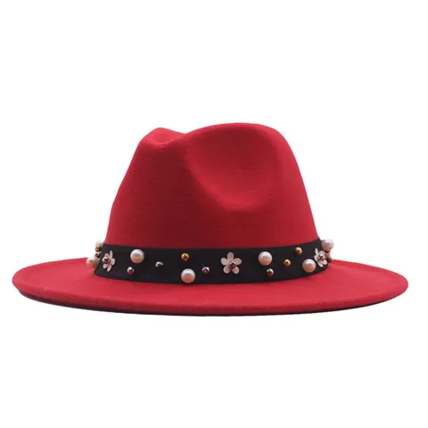 Damen Eleganter Perlen-Wollfilz-Fedora-Hut Mode Breitkrempiger Jazz-Hut Mit Blumenband Künstliche Perle Winter Warmer Sonnenhut Zubehör