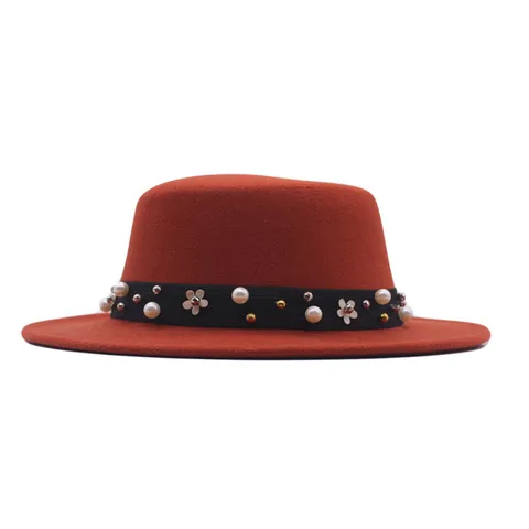 Women British Style Flat Top Boater Hat With Pearl Flower Decoration Autumn Winter Polyester Felt Jazz Fedora Sun Hat