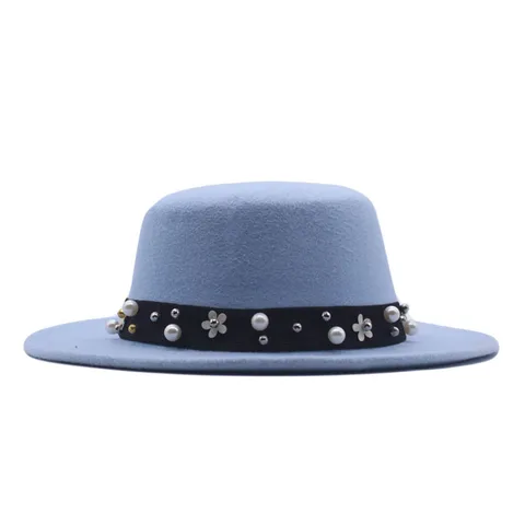 Women British Style Flat Top Boater Hat With Pearl Flower Decoration Autumn Winter Polyester Felt Jazz Fedora Sun Hat