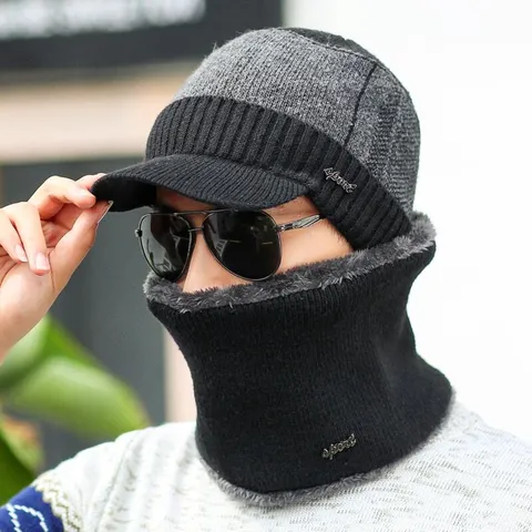 Gorro De Punto De Acrílico Cálido De Invierno Gorro Beanie Con Ala Corta Juego De Bufanda De Cuello Forrado De Felpa Gruesa Para Deportes Al Aire Libre Hombre Mujer