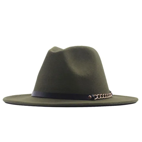 Vintage Polyester Fedora Hut Flache Krempe Jazz Hut Mit PU Leder Gürtelschnalle Metall Kette Dekoration Lässiger Sonnenhut Alltägliche Kopfbedeckung