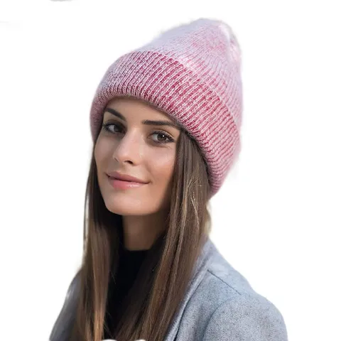 Damen Strickmütze Angora Kaninchenhaarmischung Beanie Rollrand Warme Winter Mütze Weiche Totenkopfkappe Outdoor Mode