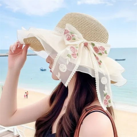 Damen Breite Krempe Strohhut Elegant Spitze Schleife Blumen Stickerei Sommer Strand Sonnenschutz Strandhut Urlaub Kappe