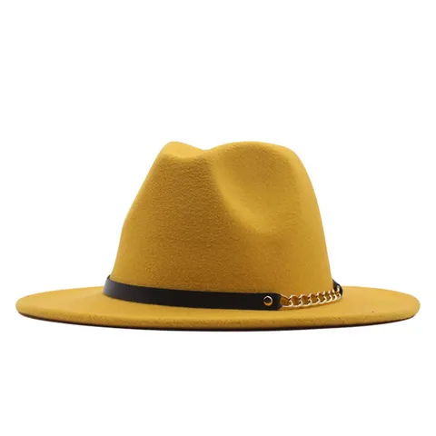 Vintage Polyester Fedora Hut Flache Krempe Jazz Hut Mit PU Leder Gürtelschnalle Metall Kette Dekoration Lässiger Sonnenhut Alltägliche Kopfbedeckung