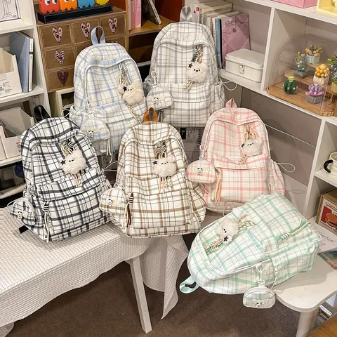 Korean Style Plaid School Backpack Lightweight Casual Daypack For Teenage Girls Students Cute Bookbag With Pendant