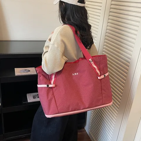 Large Capacity Tote Bag Women Casual Plaid Travel Storage Handbag Fashion Urban Minimalist Shoulder Bag Fabric