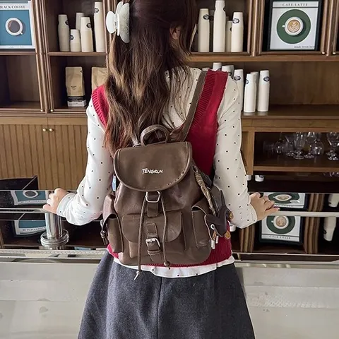 American Vintage PU Leather Backpack For Women Casual School Commuting Bookbag Solid Color Stitching Travel Daypack