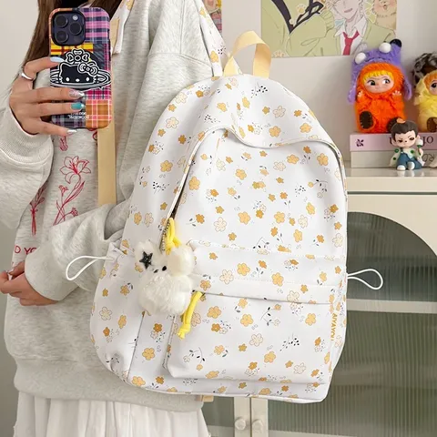 Sweet Floral Nylon Backpack Casual Student School Bag Cute Daily Travel Bookbag With Pendants And Front Pocket
