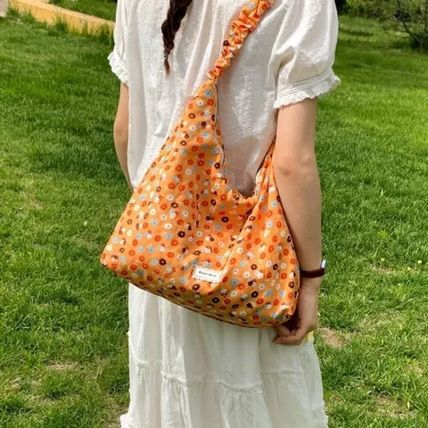 Women Canvas Shoulder Crossbody Bag Casual Floral Polka Dot Plaid Hobo Underarm Bag Daily Commuting Handbag