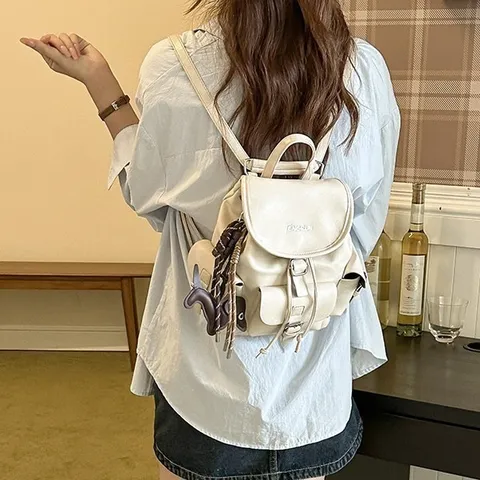 American Vintage PU Leather Backpack For Women Casual School Commuting Bookbag Solid Color Stitching Travel Daypack