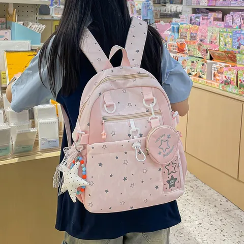 Casual Nylon Star Print Backpack For Women Lightweight School Bookbag Daily Travel Daypack With Cute Pendants