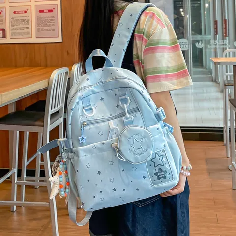 Casual Nylon Star Print Backpack For Women Lightweight School Bookbag Daily Travel Daypack With Cute Pendants
