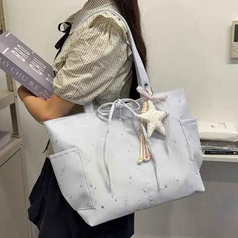 Women Casual Nylon Tote Bag Star Moon Print Shoulder Bag Large Capacity Commuter Handbag With Star Pendant