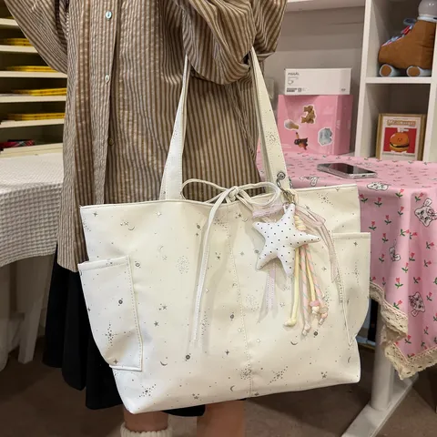 Women Casual Nylon Tote Bag Star Moon Print Shoulder Bag Large Capacity Commuter Handbag With Star Pendant