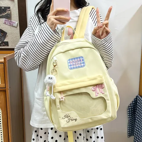 Casual Nylon School Backpack For Women Sweet Style Daily Commuting Daypack With Transparent Pocket And Cute Pendant