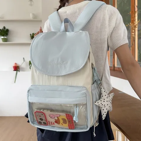 Sweet Girlish Nylon Casual Backpack Contrast Color Patchwork School Bag With Transparent Pocket For Women Daily Travel
