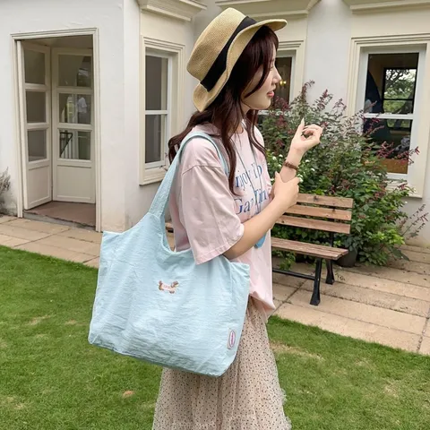 Casual Nylon Tote Bag For Women Cute Cartoon Dog Embroidery Shoulder Bag Daily Commuter Crossbody Bag Lightweight Handbag