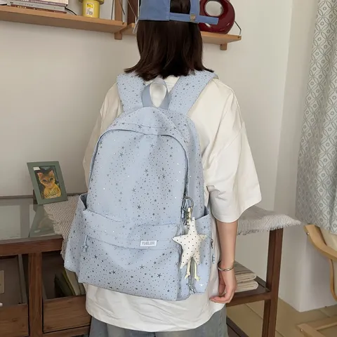 Girls Casual Nylon Backpack Cute Star Print School Bookbag Lightweight Travel Daypack Teenager Casual Bag