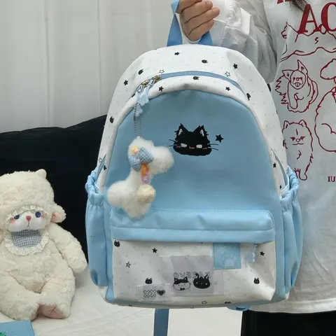 Student Large Capacity Polka Dot Cat Print Backpack Cute School Bag Casual Travel Bookbag For Teenagers Girls