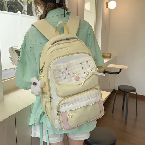 Casual Nylon Plaid Patchwork School Backpack For Teen Girls Student Cute Bookbag With Embroidery And Transparent Pocket