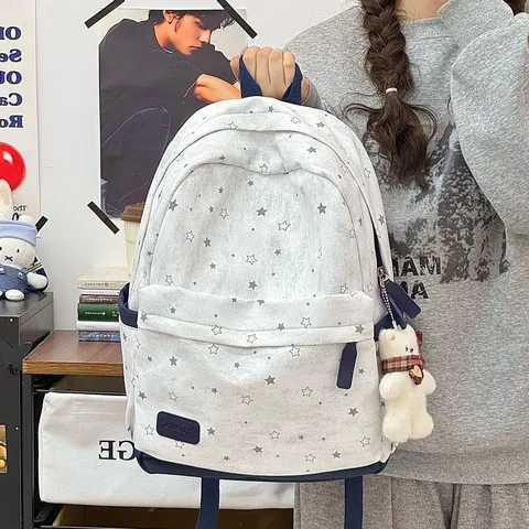 Large Capacity Star Pattern Nylon School Backpack For Teen Girls Casual Student Bookbag Travel Daypack With Pendant