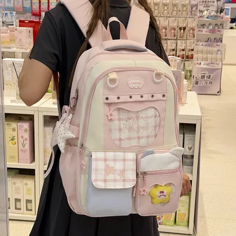 Japanese Style Cute Girl Casual Nylon Backpack Multi-Pocket School Bookbag Lightweight Sweet Travel Daypack For Women