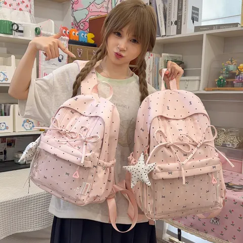 Korean Sweet Polka Dot Bow Student Backpack Transparent Front Pocket Casual Daypack Cute School Bag For Women Girls