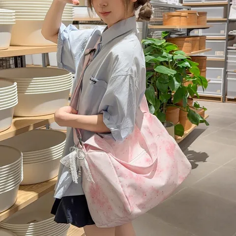 Women Casual Nylon Crossbody Bag Cute Starry Print Shoulder Bag Soft Pleated Daily Travel Handbag With Bowknot Decor