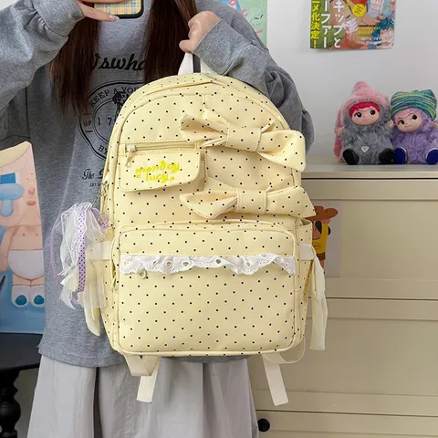 Sweet Polka Dot Bowknot Lace Backpack Casual School Bookbag For Teen Girls Daily Travel Fashion Daypack