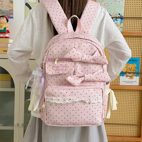 Sweet Polka Dot Bowknot Lace Backpack Casual School Bookbag For Teen Girls Daily Travel Fashion Daypack