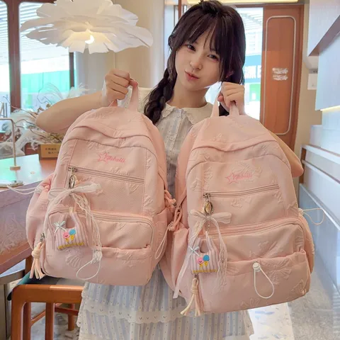 Girls Casual Nylon School Backpack Large Capacity Waterproof Bookbag Cute Ins Style Travel Daypack With Pendant