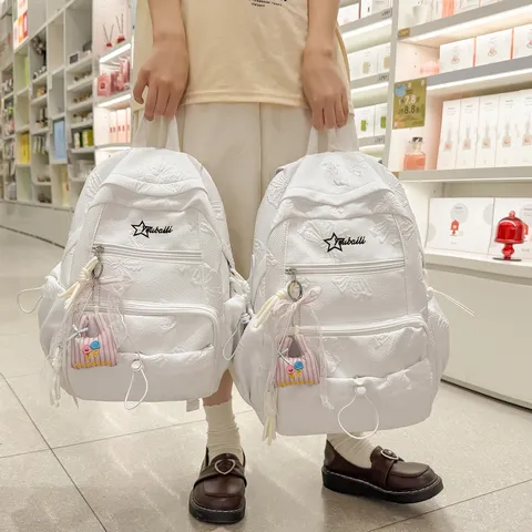 Girls Casual Nylon School Backpack Large Capacity Waterproof Bookbag Cute Ins Style Travel Daypack With Pendant