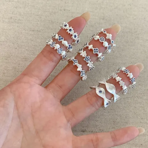 Minimalist Copper Open Ring For Women Vintage Star Geometric Blue Rhinestone Adjustable Fashion Jewelry Finger Ring Gift
