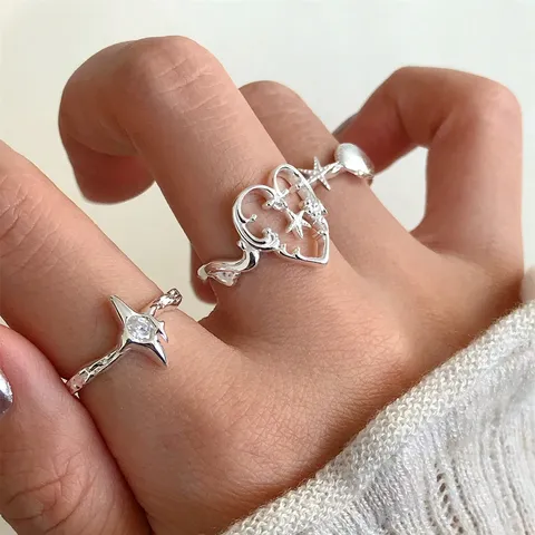 Süß Und Cool Hohl Herz Stern Muschel Offener Ring Kupfer Strass Verstellbar Mode Finger Schmuck Damen