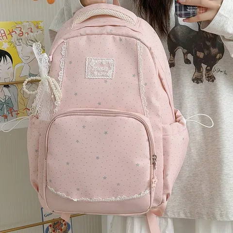 French Lace Edge Star Print Girl Backpack Student Casual School Bookbag Cute Youth Campus Nylon Travel Daypack