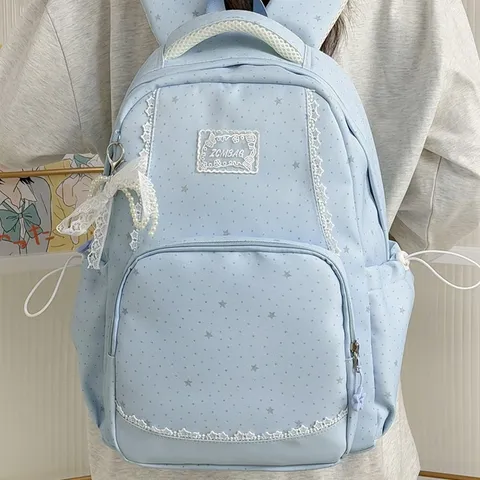 French Lace Edge Star Print Girl Backpack Student Casual School Bookbag Cute Youth Campus Nylon Travel Daypack